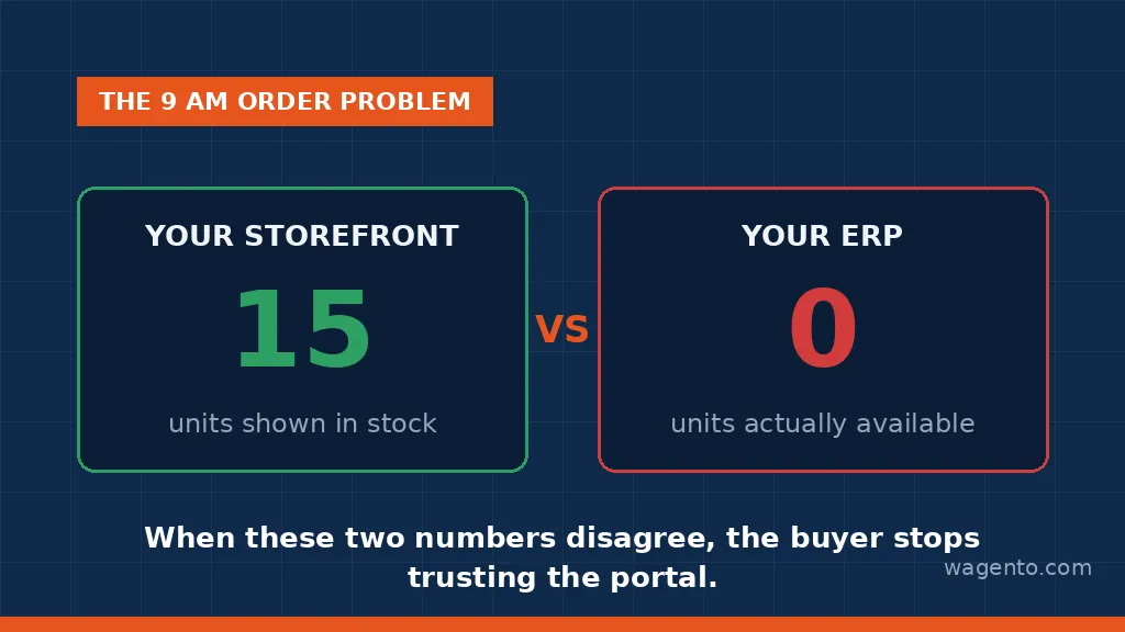 Storefront shows 15 units in stock while the ERP shows zero